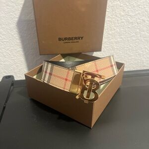 Burberry Tan Check Belt with Gold Monogram Buckle